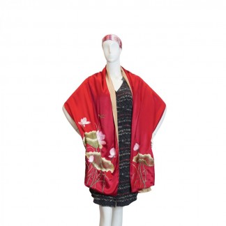 Red silk scarf hand-embroidered with the lotus  53*200 cm- Different  models